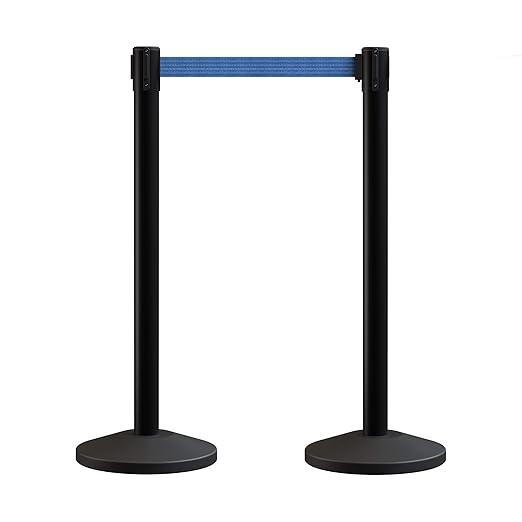 Crowd Control Warehouse CCW Series RBB-100 - Set of 2 Stanchion Retractable Belt Barriers - 11 Foot Blue Belt, Black Post - Easy Assembly