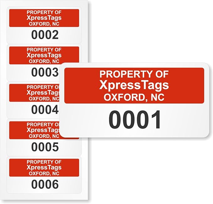 XpressTags 1" x 2" Sequential Number Custom Labels, Fixed Inventory Asset Tags, Permanent Adhesive Vinyl Stickers for equipments Pack Sizes 100 to 5000, Made in USA