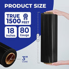 Rosmonde Bulk Black Plastic Wrap, 18" x 1500 ft, 20 Rolls Pack, 80 Gauge Heavy-Duty Pallet Shrink Wrap, True 1500 Ft, 3" Core, Puncture Resistant Stretch Wrap for Moving, Shipping & Secured Wrapping
