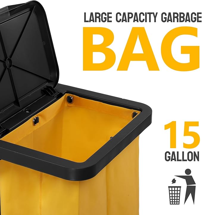 TUFFIOM Commercial Traditional Cleaning 3-Shelf Janitorial Cart, 500 Lbs Capacity Housekeeping Cart, Wheeled with Yellow VinylBag and Cover w Lid, Black,