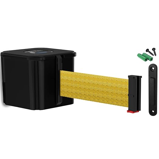 WM412 Retractable Belt Wall Mounted Smooth Black Crowd Control Barrier and Receiving End, 15' Yellow Belt