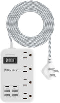 6 USB(2 USB C) Surge Protector Power Strip- 5Ft Travel Power Strip with 4.8A USB Charging Station and 4 Extendable Outlet, 13A Flat Plug Braided Extension Cord with Wall Mount for Travel Office Dorm