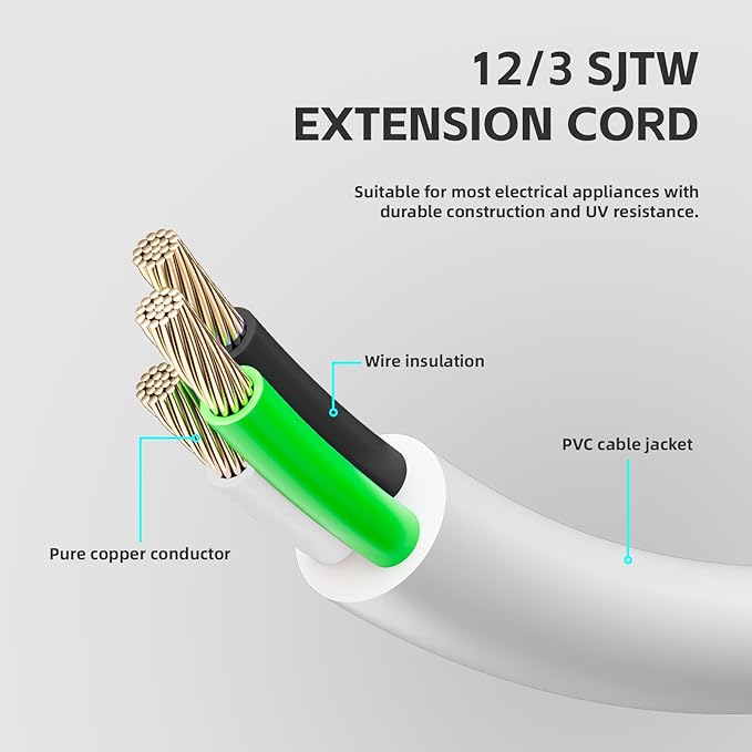50 FT 12 Gauge Extension Cord Outdoor, Heavy Duty Weatherproof & Flame Retardant Black 3 Prong Power Cord, Outside for Garden & Lawn, 15 Amps 1875 Watts 125 VAC 12AWG SJTW, UL Listed