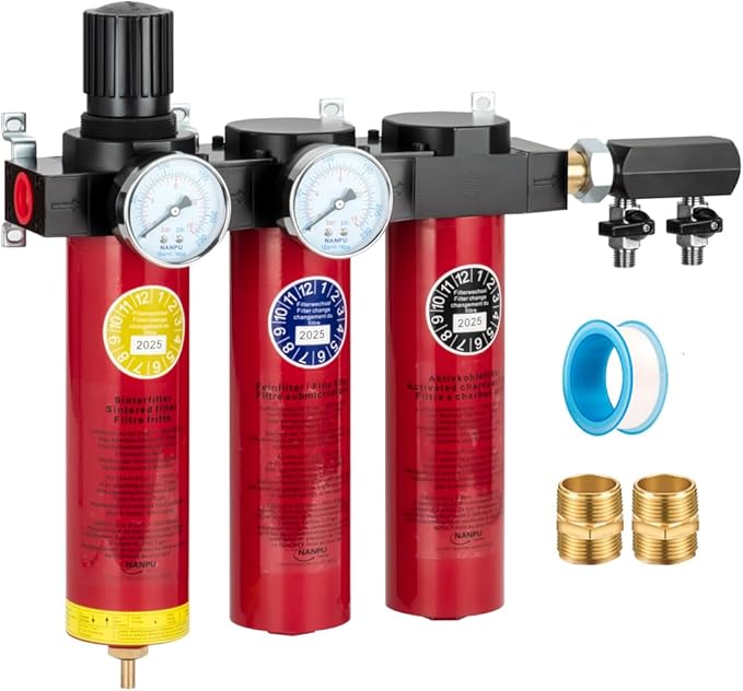 NANPU Z Series 3-Stage Air Filtration System - Sintered, Fine, & Charcoal Filters, 1/2" NPT Inlet, 1/4" NPT Outlet Module, 0-230 psi Gauge, 127 CFM @ 6 bar, Metal Housing, Heat Resistant to 248°F
