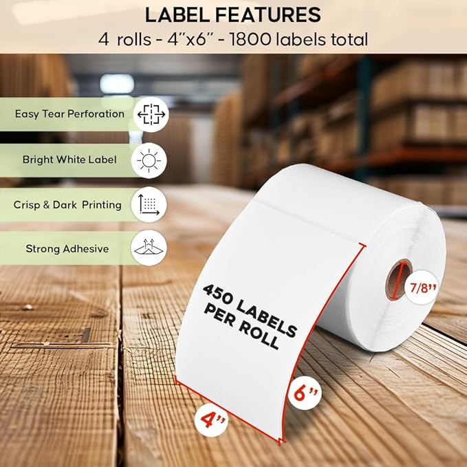 4 Rolls of SL450 4x6 Shipping Label (450 Pages per roll) Support Arkscan Label Printers, Compatible w/Zebra LP2844, Zp-450, Zp-500, Zp-505 and Other Brands, It's Designed for Direct Thermal, White.