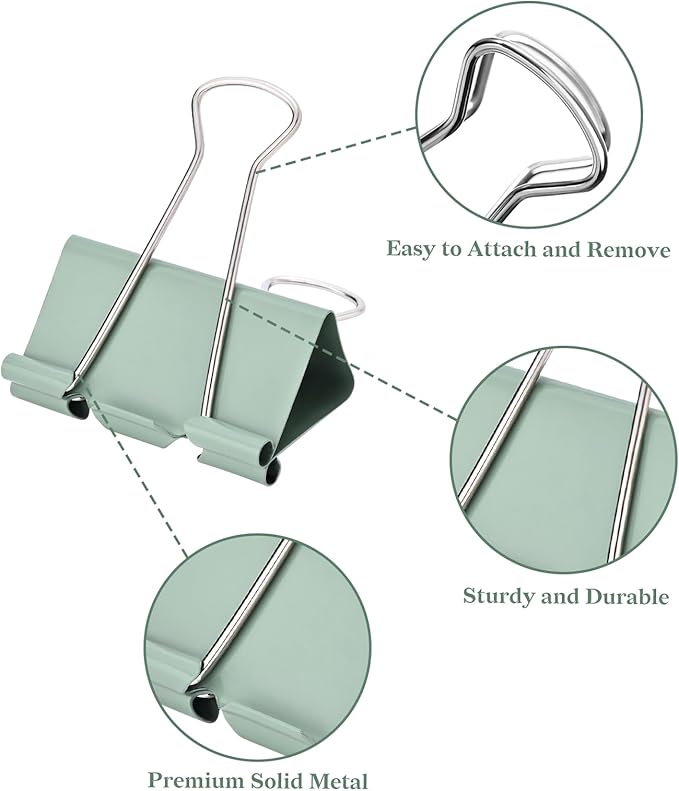 Temiary Aesthetic Binder Clips, 60 Pcs 0.6 Inches Small Metal Binder Clip with Clear Storage Container, Binding Paperwork Clamps for School Teachers Office Supplies (Green)
