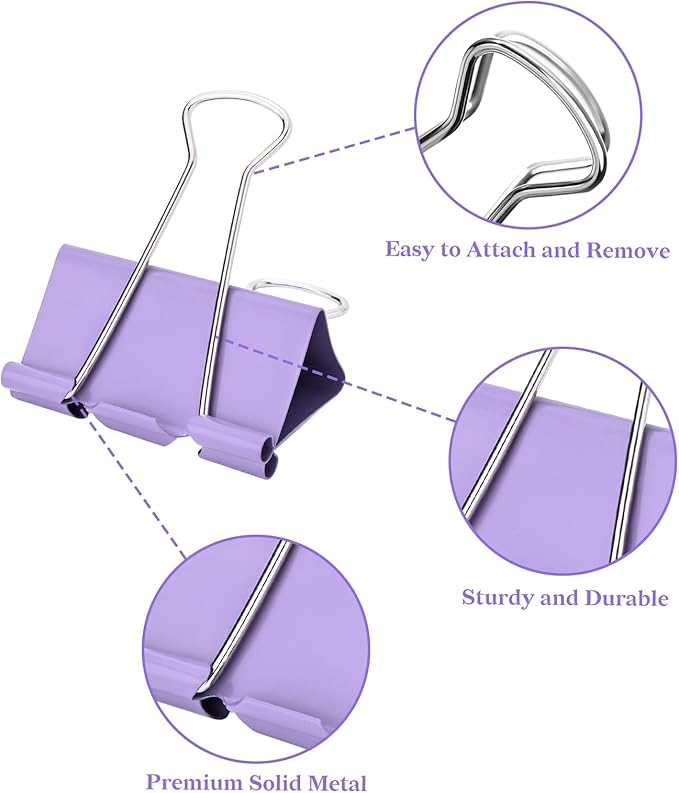 Temiary Aesthetic Binder Clips, 40 Pcs 0.75 Inches Small Metal Binder Clip with Clear Storage Container, Binding Paperwork Clamps for School Teachers Office Supplies (Purple)