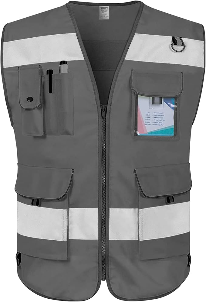 TCCFCCT High Visibility Vest 9 Pockets Hi Vis Reflective Safety Vest for Men Women, Construction Vest with Reinforced Sewing, Durable to Use, Meets ANSI/ISEA Standards, (Grey, 4X-Large)