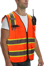 9 Pocket High Visibility Class 2 Safety Vest with 2 Inch Reflective Strips and Zipper Construction Work Vest for Men & Women Orange, 5XL