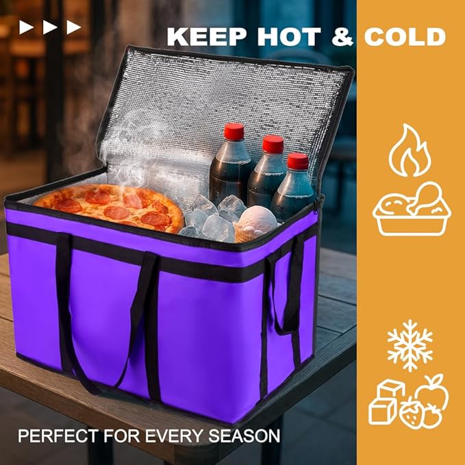 XXXL Insulated Food Delivery Bag - Reusable Thermal Cooler Grocery Bags for Catering & Delivery, Pizza Carrier for Events, Large Capacity Bag Keeps Food Hot/Cold for Shopping, Commercial (Purple, 1PK)
