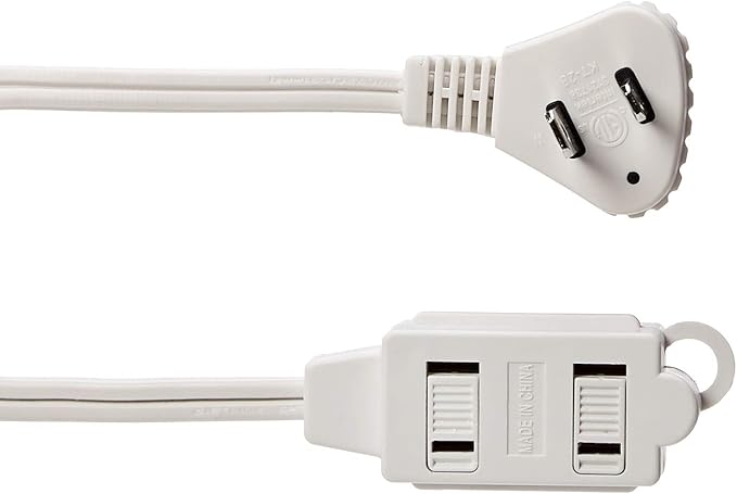 Amazon Basics Extension Cord with Multiple Outlets, 3 ft 2-Prong Indoor Power Strip, Flat Plug, 13 Amps, 1625 Watts, 125 VAC, White, 2-Pack