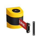 Crowd Control Warehouse - CCW Series WMB-220 Magnetic Wall Mount Retractable Belt Barrier - 15 Foot, Red with"Please Wait HERE" White Letters Belt with Yellow ABS Case