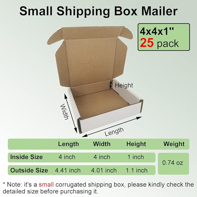 25 Pack 4x4x1'' Small Shipping Boxes, White Corrugated Cardboard Mailers for Mailing Packaging Business (W441-25)