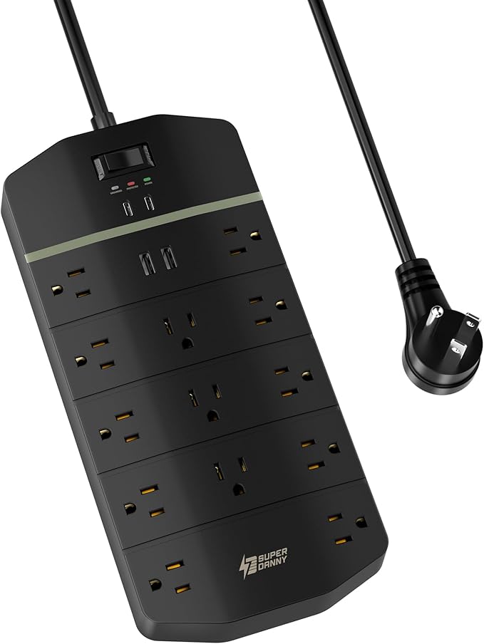 SUPERDANNY 15A Power Strip Surge Protector 5000 J with 13 AC Outlets 2 USB-A & 2 USB-C PD 20W Fast Charging Heavy Duty 14AWG/3C Industrial Grade 10ft Extension Cord for Workbench Home Office Black
