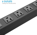3Pack Metal Wall Mount Power Strip, Mountable Power Outlet with 6 AC Outlets, Aluminum Alloy Mount Power Socket with Switch, 6 FT SJT 3/C 14AWG Power Cord, 15A 125V 1875W (6AC)