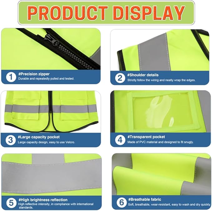 High Visibility Safety Reflective Vest with Pockets and Zipper Construction Hi Vis Work Vest(Neon Yellow/Black 3XL)