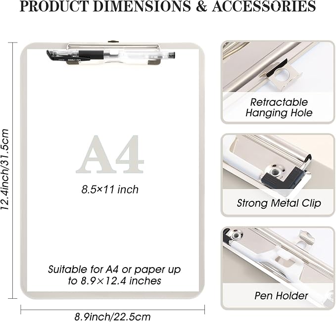 Plastic Clipboard with Pen Holder,Standard A4 Size,Nursing Clip Boards 8.5x11 Heavy Duty,Low Profile Clipboards for Women Kids Teacher,School Office and Home,Light Gray