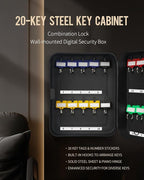 Uniclife 20 Position Key Cabinet with Combination Lock Resettable Black Digital Security Storage Box Steel Key Organizer with Colorful Key Tag Labels Stickers and Hooks