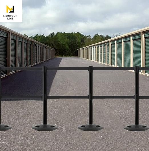 Montour Line MSR630D Set of 2 Retractable Belt Barrier Stanchion, Heavy-Duty Rubber Base, Red Post (9 ft Orange Dual Belt)