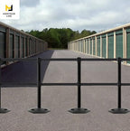 Montour Line MSR630D Set of 2 Retractable Belt Barrier Stanchion, Heavy-Duty Rubber Base, Red Post (7.5 ft Black with Horizontal Blue Stripe Dual Belt)