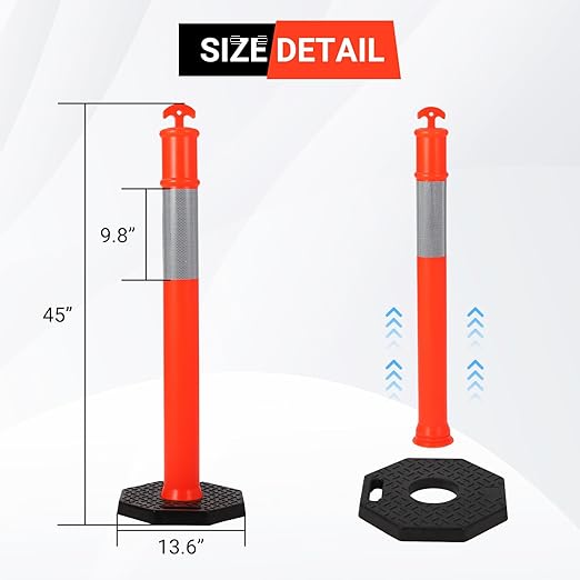 Delineator Post with Base 6 Pack, KOKEBREN 45 Inch Portable Orange Traffic Delineator Posts Cones with Reflective Collars for Driving Practice and Construction Work