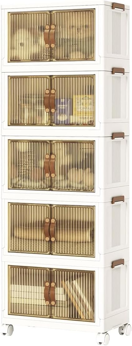 4 Tier Plastic Stackable Storage Bins and Boxes Organizer, Foldable Containers, Stackable Closet Organizers, Collapsible Boxes, White (5 Tier, 25.8″)