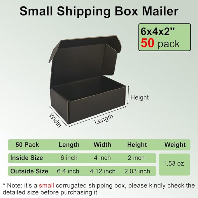 50 Pack 6x4x2'' Small Shipping Boxes, Black Corrugated Cardboard Literature Mailers, Mailing Packaging Supplies for Small Business (BK642-50)