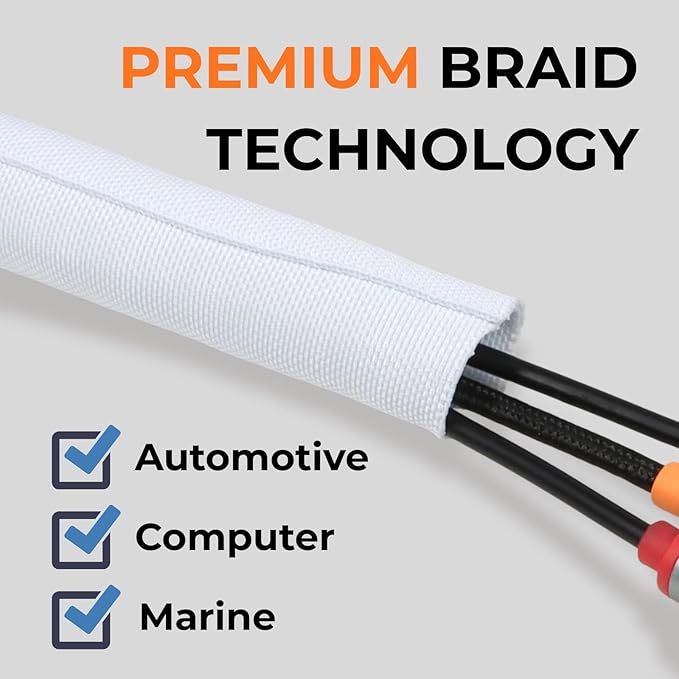 1 inch Split Braided Cable Management Sleeve for USB Cable Power Cord Audio Video Cable, High-Temperature Automotive Harness Wire Loom Cord Protector from Cat Dog Chewing (White, 10FT)