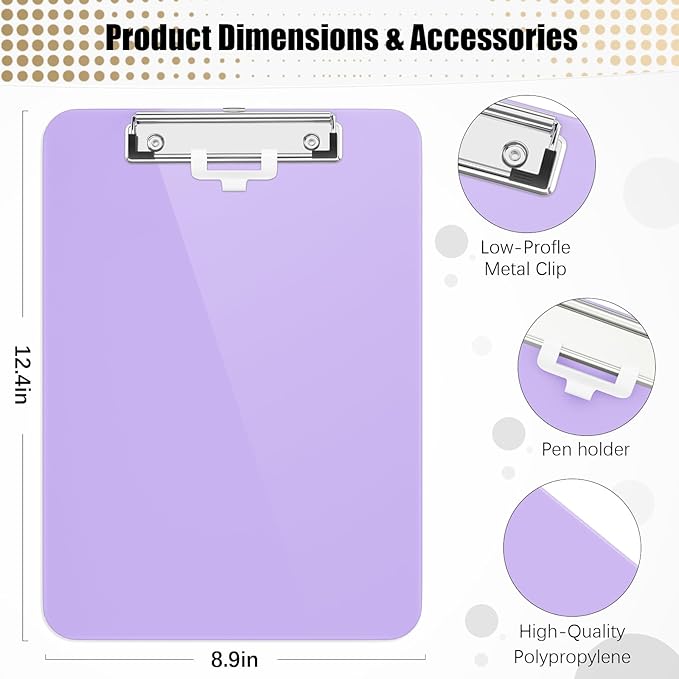 Hongri Plastic Clipboard with Pen Holder, Purple 8.5x11 Letter Size Clip Board for Classroom, Office, Students, Nurses and Women, Low Profile Clip, Size 12.5 x 9 in