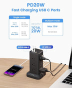 15-in-1 Power Strip Tower with Surge Protector 1800J, Fast Charging Tower PD20W USB-C Ports with 12 AC Outlets, 9.8ft Extension Cord for Home Office Dorm Room, Black