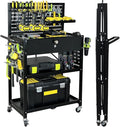 Lumizone Folding Tool Cart with Drawer and Pegboard Hooks Rolling Utility Service Cart on Wheels for Garage Organizer Foldable Power Tool Storage Heavy Duty Steel (Tool Cart with Drawer+Hooks)