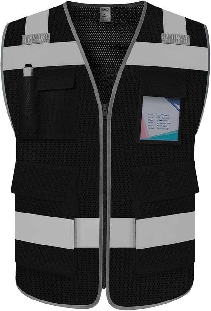 TCCFCCT Mesh Safety Vest for Men Women 5 Pockets Reflective Vest with Reinforced Zipper, High Visibility Construction Work Vest with Tabs for Walkie-talkie, Durable to Use, Meets ANSI/ISEA, Black, XXL