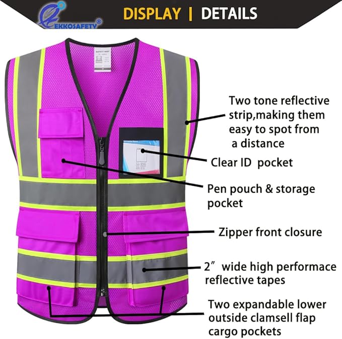 Purple Safety Vest for Men Women Reflective with 8 Pockets and Zipper Front Mesh High Visibility Vest Hi Vis Construction Work Vest,Meets ANSI/ISEA Standards(EKH1-Purple-L)