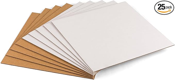 12.5x12.5 inch Corrugated Cardboard Sheets - 12" LP Record Insert Pads for Shipping, Mailing, Packaging, Art Supplies, DIY Crafts, 1/8" Thick Protective Sheets, One-Side White, 25 PCS