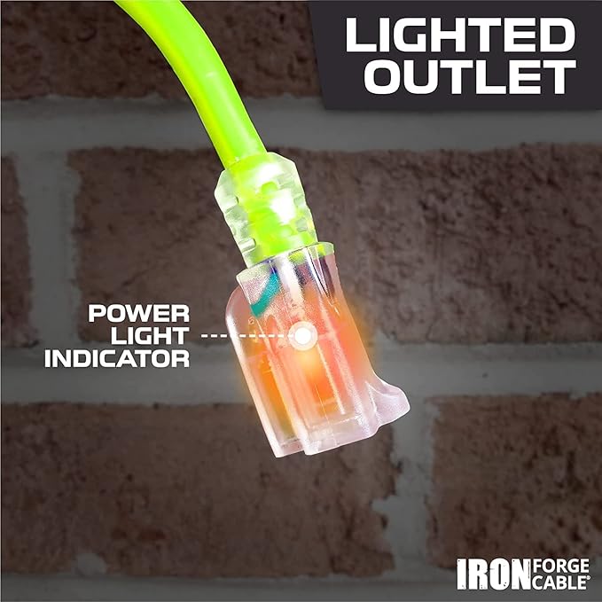 Iron Forge Cable Weatherproof 50 Ft Outdoor Extension Cord - 16/3 SJTW 13 Amp Heavy Duty Neon Green High Visibility Cable with 3 Prong - Lighted End