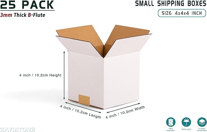 4x4x4 inch Small Shipping Boxes, White Corrugated Cardboard Boxes for E-Commerce, Mailing, Storage, Gifts Wrapping, 25 Pack