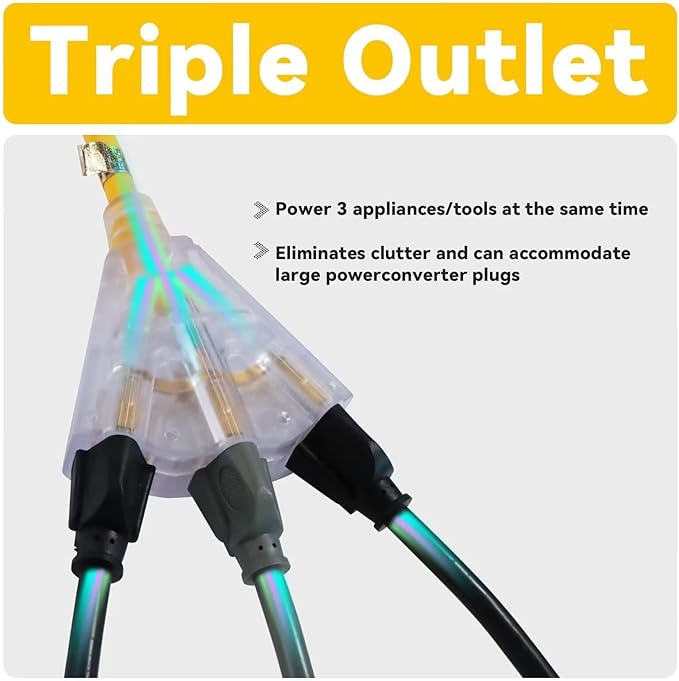 EP 2 Pack 50 Ft 12 Gauge Heavy Duty Extension Cord, 15A 125V 1875W, 3 Outlet Indoor/Outdoor Power Cord with Lighted End, 12/3 SJTW Weatherproof Yellow, UL Listed