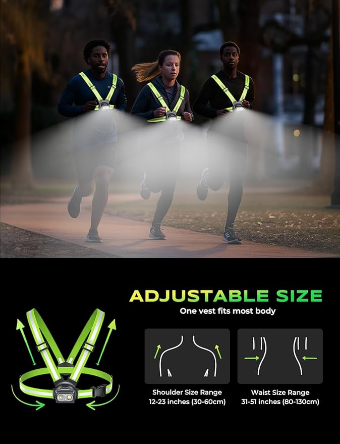 500LM High-Visibility Running Lights for Runners, Adjustable 45° Beam & 360° Reflective Vest, IPX4 Waterproof Running Vest Light for Night Walking/Cycling/Jogging, 3.5-20Hrs Runtime
