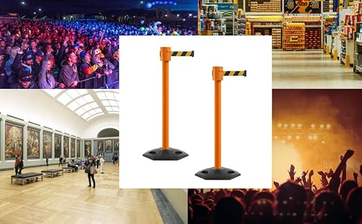 Montour Line MSR760 Set of 2 Retractable Belt Barrier Stanchion, Rubber Base, Orange Post (35 ft Light Blue Belt)