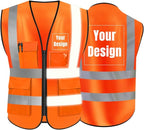 YOWESHOP High Visibility Safety Vest Custom Your Logo Protective Workwear 5 Pockets With Reflective Strips Outdoor Work Vest (Orange (4XL))