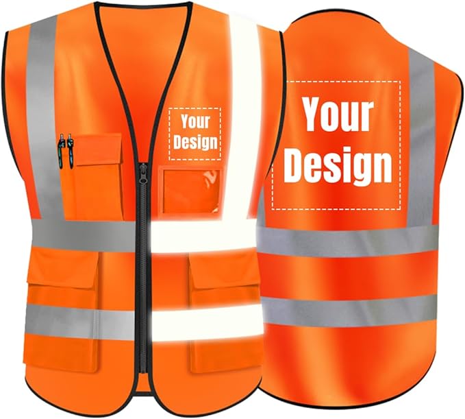 YOWESHOP High Visibility Safety Vest Custom Your Logo Protective Workwear 5 Pockets With Reflective Strips Outdoor Work Vest (Orange (4XL))