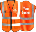 YOWESHOP High Visibility Safety Vest Custom Your Logo Protective Workwear 5 Pockets With Reflective Strips Outdoor Work Vest (Orange (XL))