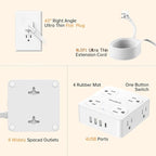 Flat Plug Power Strip with USB C, 6.5FT Flat Extension Cord - 8 AC Outlets and 4 USB(1 USB C), Power Strip with Surge Protector, Wall Mount Charging Station Office Home (White, 15 FT)