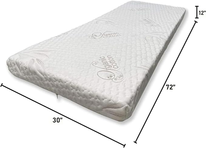 Foamma 12” x 30” x 72” High Density Foam Bunk Mattress, Organic Cotton Cover, Made in USA, Comfortable, CertiPUR-US Certified