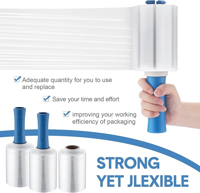 Jutom 8 Pcs Clear Stretch Wrap Roll Plastic Wrap for Moving with 2 Handles 5 x 1000 ft Cling Packaging Shrink Film Self Adhering Shipping Supplies for Moving Bounding Storing Pallet Furniture Glass