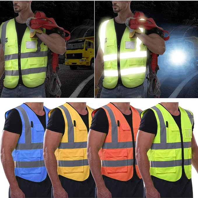 YOWESHOP High Visibility Safety Vest Custom Your Logo Protective Workwear 5 Pockets With Reflective Strips Outdoor Work Vest (Green (M))
