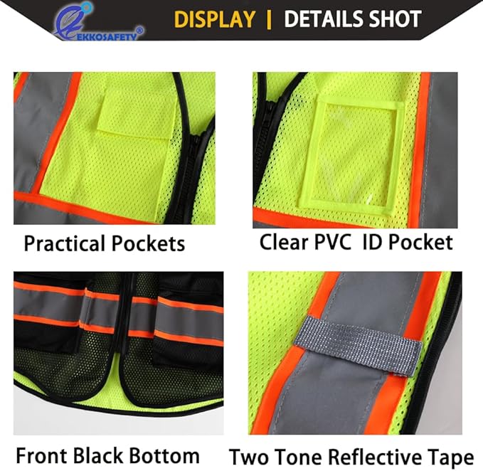 Reflective Mesh Safety Vest for Men Women with 5 Pockets and Zipper Front High Visibility Mesh Vest Hi Vis Construction Work Vest,Meets ANSI/ISEA Standards(EK175-Yellowblack-XL)