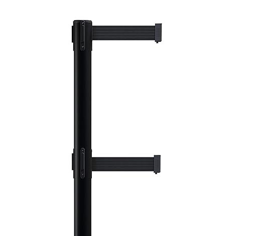 CCW Series WBB-200D - Set of 2 Retractable Dual Belt Stanchion Safety Barrier, Heavy-Duty Rubber Base Yellow Post (9 Foot Belt, Black with"Please Wait Here" White Letters Belt)