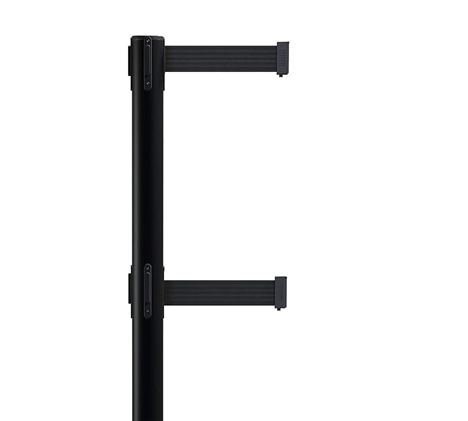 CCW Series WBB-200D - Set of 2 Retractable Dual Belt Barrier Stanchion, Heavy Duty Rubber Base, Black Post (9 Foot Belt, Blue and White Diagonal Belt)