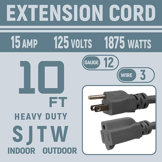 10 FT 12 Gauge Extension Cord Outdoor, Heavy Duty Weatherproof & Flame Retardant Black 3 Prong Power Cord, Outside for Garden & Lawn, 15 Amps 1875 Watts 125 VAC 12AWG SJTW, UL Listed